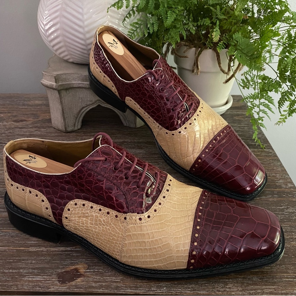 Ferrini Mens Alligator Skin Ostrich Quill Leather Oxfords Shoe Burgundy Wine Tan